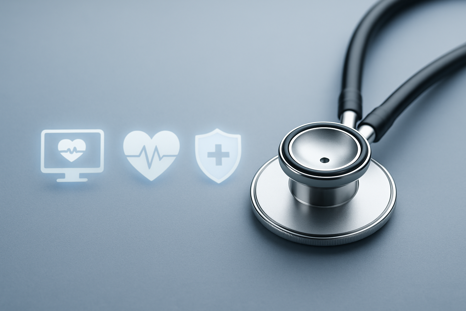 건강검진과 결과확인을 연상하는 청진기와 아이콘을 포함한 그림