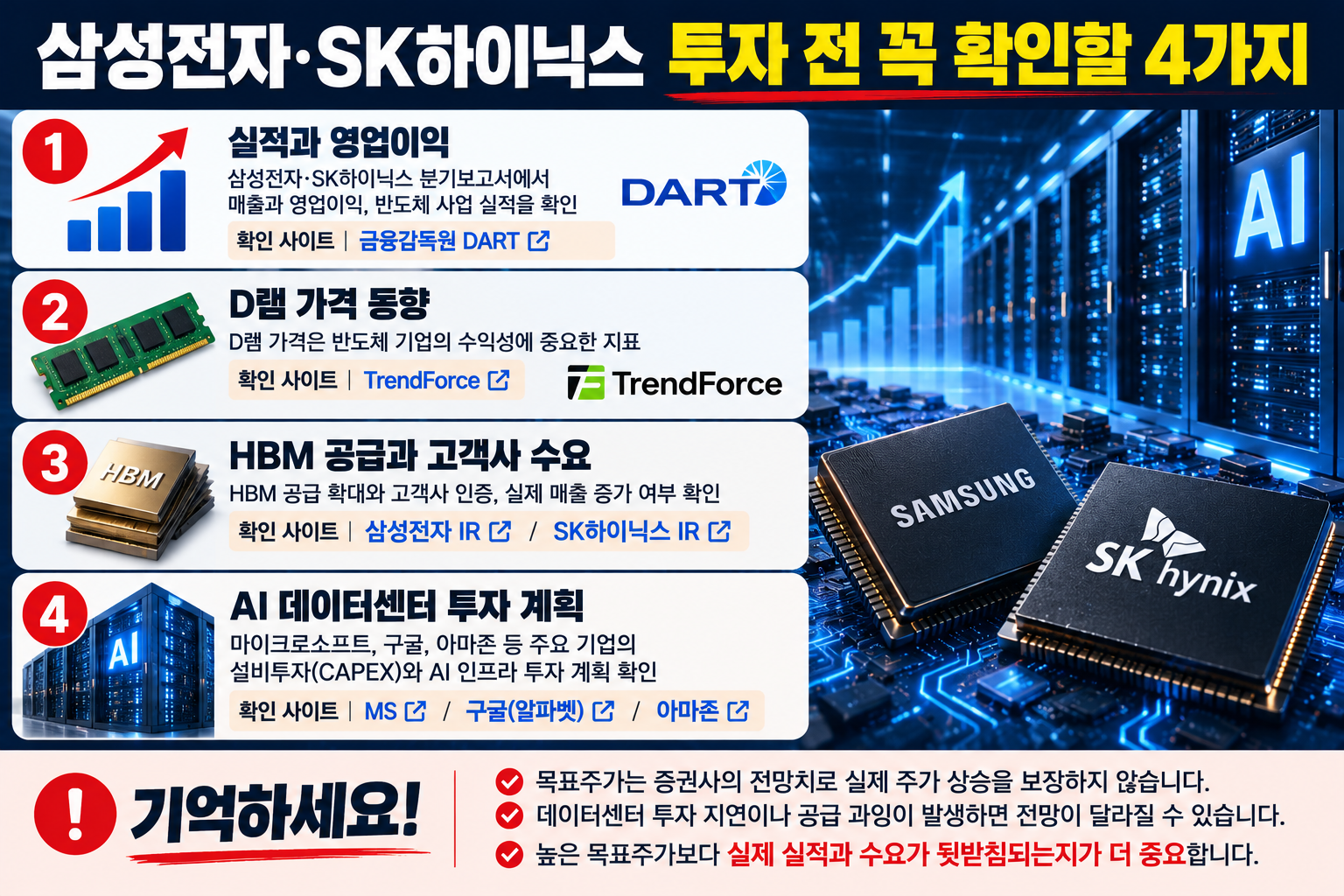 삼성전자 SK하이닉스 투자 전 확인할 4가지 지표 영업이익 D램 가격 HBM 공급 AI 데이터센터 투자 계획