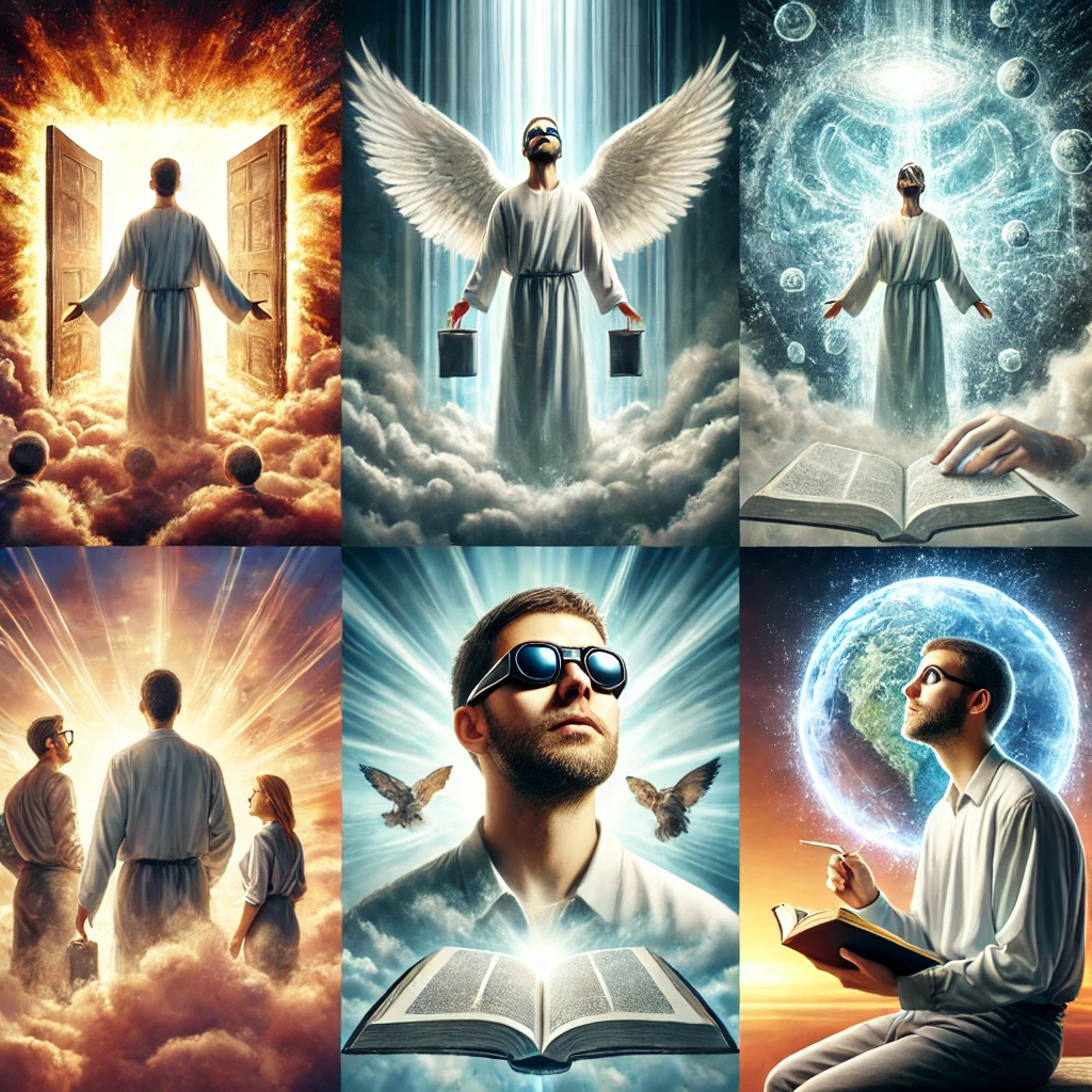 계시록 4:1 말씀을 묵상하며, 반드시 일어날 하나님의 일을 바라보며 확신 가운데 천국과 말씀을 전하는 모습을 담은 그림이 있습니다. 한 장면에서는 사람들에게 확신 있게 복음을 전하며 구원의 메시지를 선포하고 있고, 또 다른 장면에서는 홀로 성경을 묵상하며 천국의 실재를 깊이 확신하는 모습이 그려졌습니다. 하나님의 영광과 임재가 가득한 분위기가 표현되었습니다. ✨📖🙏