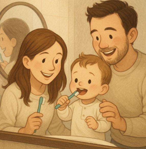 칫솔을 들고 거울 앞에서 양치 연습을 하는 아기와 그 모습을 응원하는 부모의 따뜻한 장면