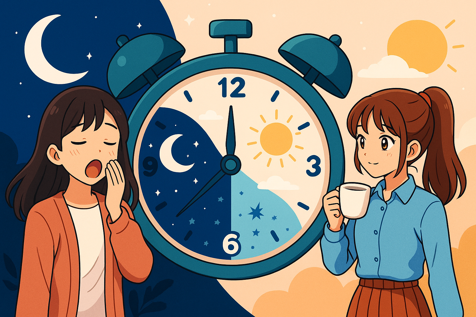 낮과 밤으로 나뉜 시계를 중심으로, 왼쪽에는 하품하는 여성, 오른쪽에는 커피를 마시는 여성이 있는 애니메이션 스타일 일러스트. 생체 리듬에 따른 피부 케어 시점을 시각적으로 설명.