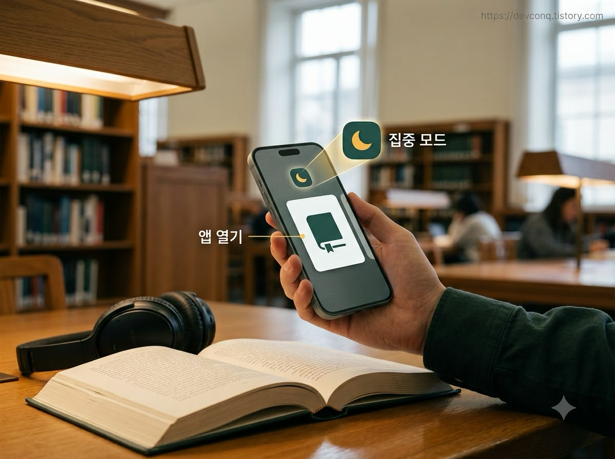 특정 앱을 열 때 방해금지 집중 모드가 켜지도록 대상 앱을 지정하는 iPhone 설정 화면