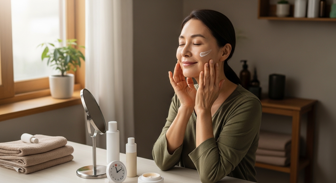 따뜻한 아침 햇살 아래 세안대 옆에 놓인 선크림과 보습 크림, 간결한 루틴을 상징하는 장면