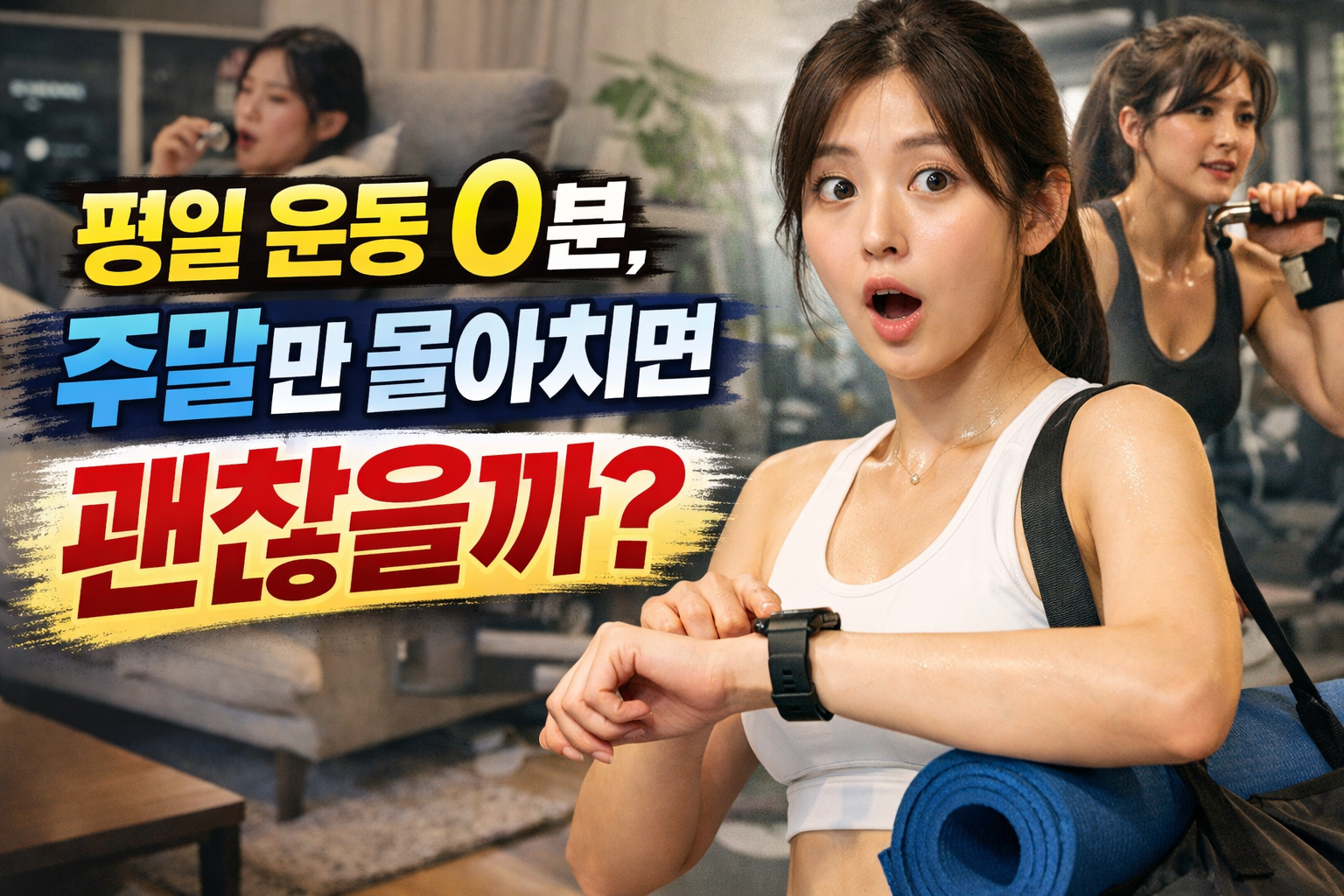 평일 운동 0분 상태에서 주말에만 몰아서 운동해도 괜찮은지 고민하는 헬스장 운동 이미지