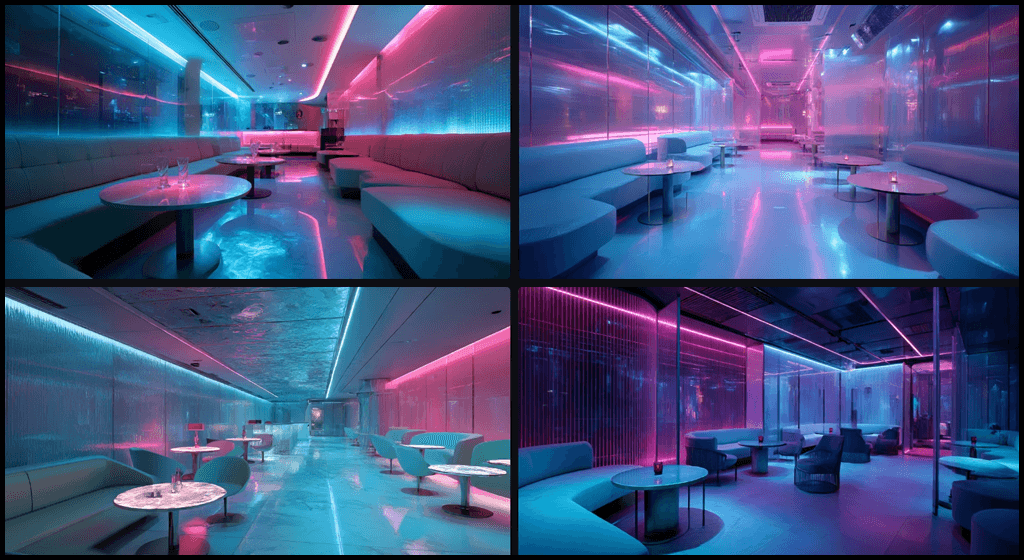 네온 미래지향적 라운지 다중 톤 믹스_Midjourney 고급 실습 예시
