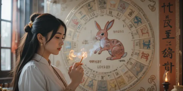 2025년 토끼띠 운세판 앞에서 향을 피우는 장면