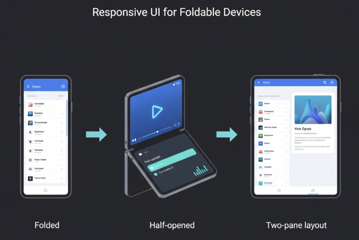 폴더블 스마트폰의 접힘과 펼침 상태에 따라 단일 리스트 구조에서 멀티태스킹 및 분할 화면 구조로 유연하게 변하는 반응형 앱 UI/UX 디자인 가이드 이미지.
