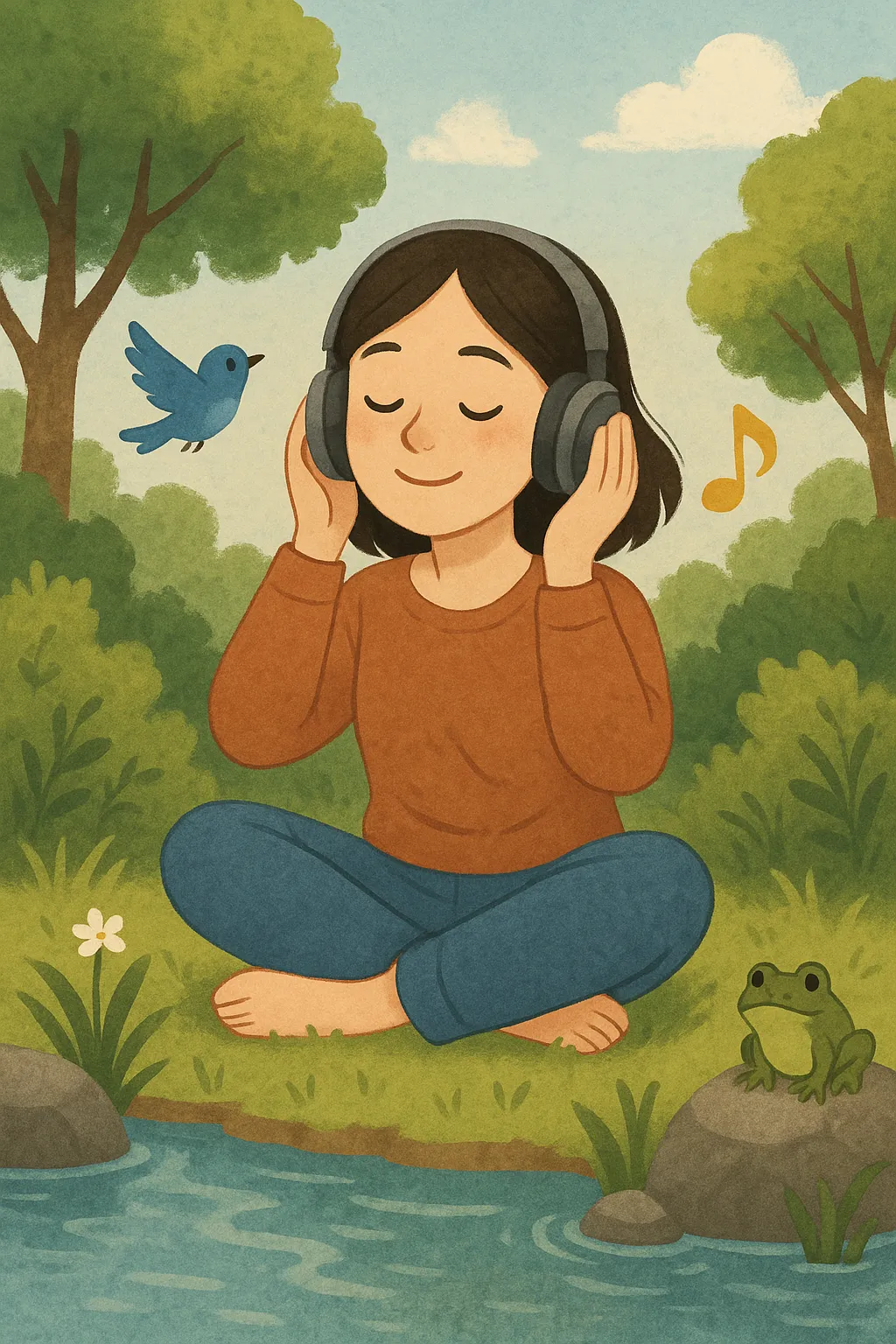 숲 속에서 자연 소리를 들으며 평온함을 느끼는 여성, 새와 개구리, 물소리 등 자연의 소리와 조화를 이루는 장면