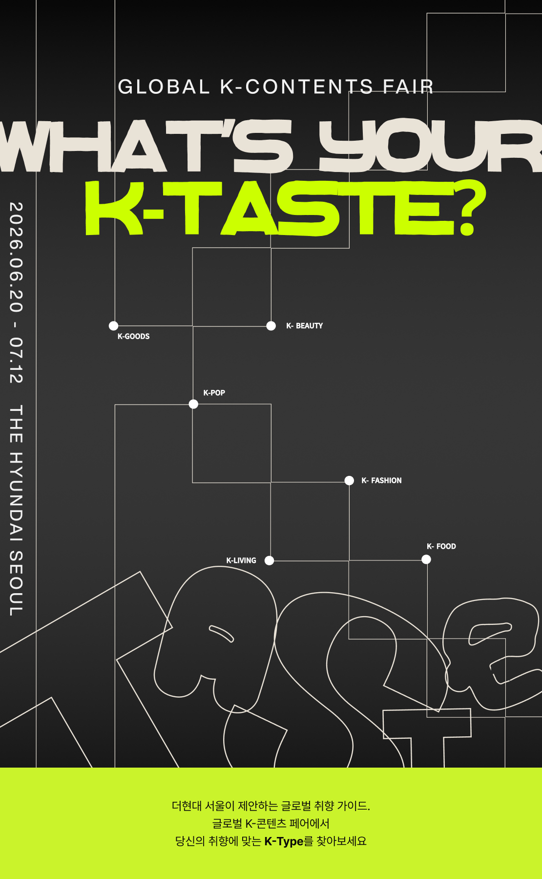 서울 여의도 더현대 서울 글로벌 K-콘텐츠 페어 메인 포스터, WHAT’S YOUR K-TASTE 테마로 K-POP·K-뷰티·K-패션·K-푸드·K-리빙·K-굿즈 카테고리를 노선도 형태로 보여주는 이미지