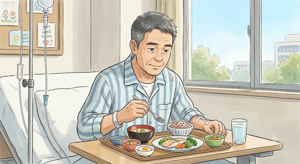 대장암4기 판정후 건강한 식단으로 식사하는 중년 남성의 모습