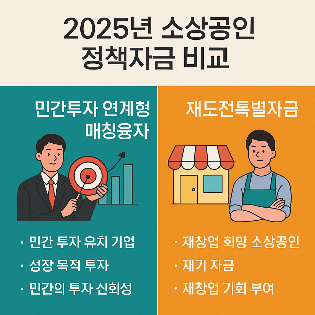 2025년 소상공인 정책자금 비교 인포그래픽 – 민간투자 연계형 매칭융자와 재도전특별자금의 지원 대상과 특징 안내