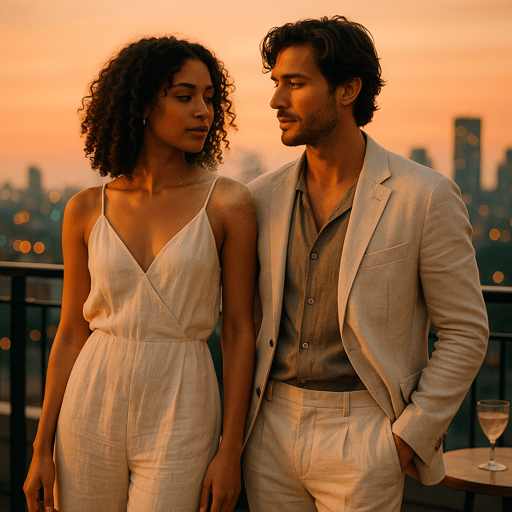 여름 해 질 녘, 도시 루프탑 바에서 베이지 린넨 수트와 점프슈트를 입은 남녀 커플이 따스한 주황빛 석양 속에서 서로를 바라보며 은은한 향수 미스트가 흩날리는 장면