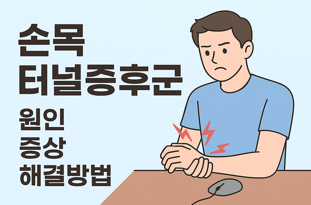 손목 터널 증후군으로 불편함을 느끼는 남성의 이미지가 그려져 있습니다.