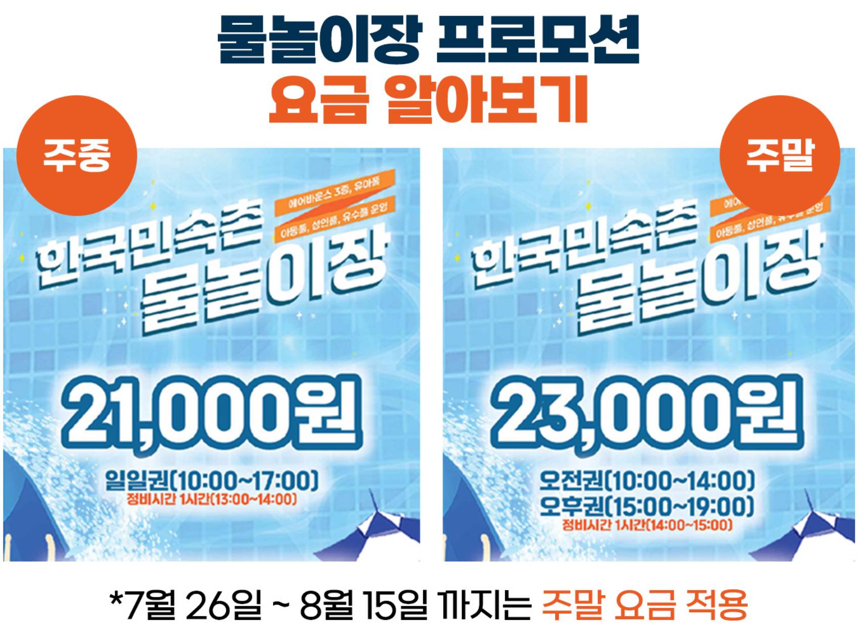 한국민속촌 물놀이장 주중 요금 안내 (21&amp;#44;000원)&amp;#44; 주말 요금 안내 (23&amp;#44;000원) 7.26~8.15까지는 주말 요금 적용을 한다는 안내 이미지