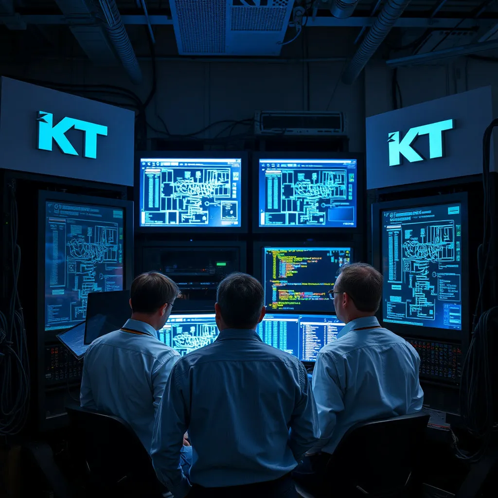 KT 로고가 새겨진 대형 서버나 네트워크 장비 앞에서 기술자들이 진지하게 모니터를 보고 데이터를 분석하는 모습을 그립니다. 복잡한 네트워크 다이어그램과 코딩 화면이 모니터에 떠 있어 기술적인 대응 노력을 상징합니다.