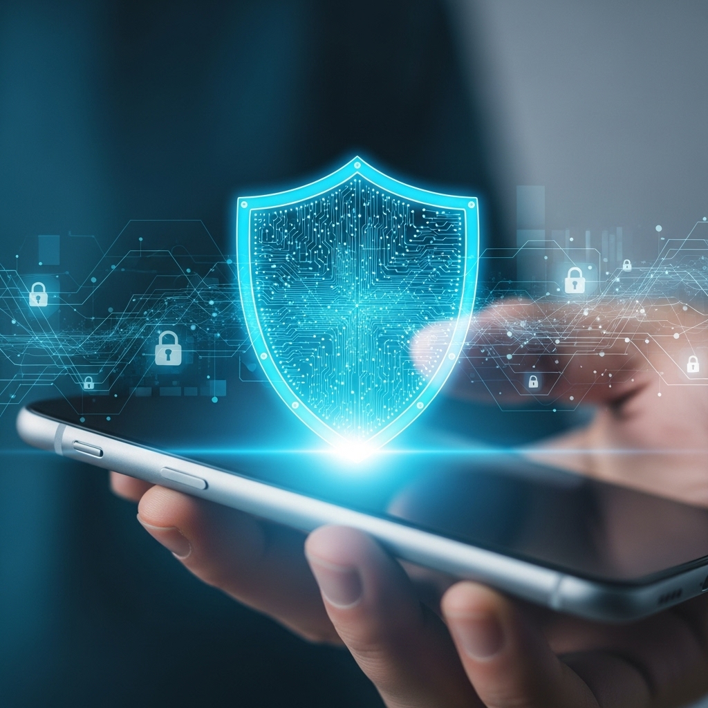 스마트폰 화면에서 빛나는 방패 아이콘이 개인정보를 보호하는 모습, 2025년 강화된 개인정보보호법으로 안전해진 디지털 생활을 상징합니다.