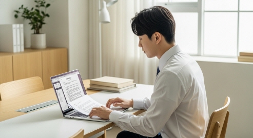 노트북으로 계약 정보 조회하는 사람