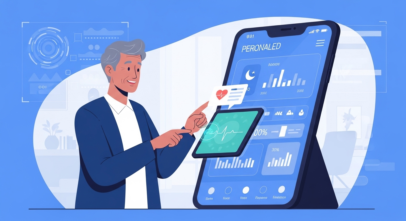 중년 여성이 태블릿으로 개인 맞춤형 건강 앱을 확인하며 심박수, 수면 패턴, 식단 추천 등 디지털 헬스케어 데이터를 관리하는 모습.