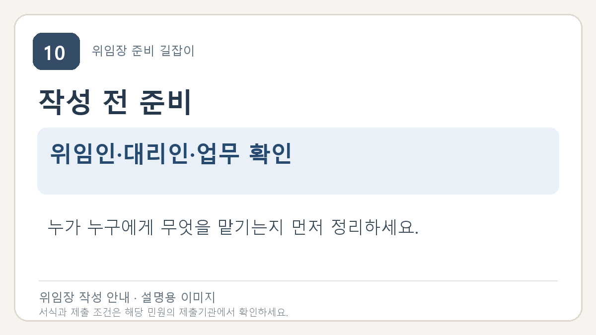 작성 전 준비: 위임인·대리인·업무 확인. 누가 누구에게 무엇을 맡기는지 먼저 정리하세요.