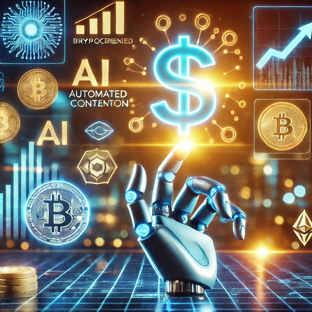 로봇 손이 빛나는 달러 기호를 들고 있으며, 배경에는 홀로그램 차트, 암호화폐 심볼, 자동화된 콘텐츠 생성 아이콘이 포함된 미래적인 디지털 풍경이 펼쳐져 있습니다.