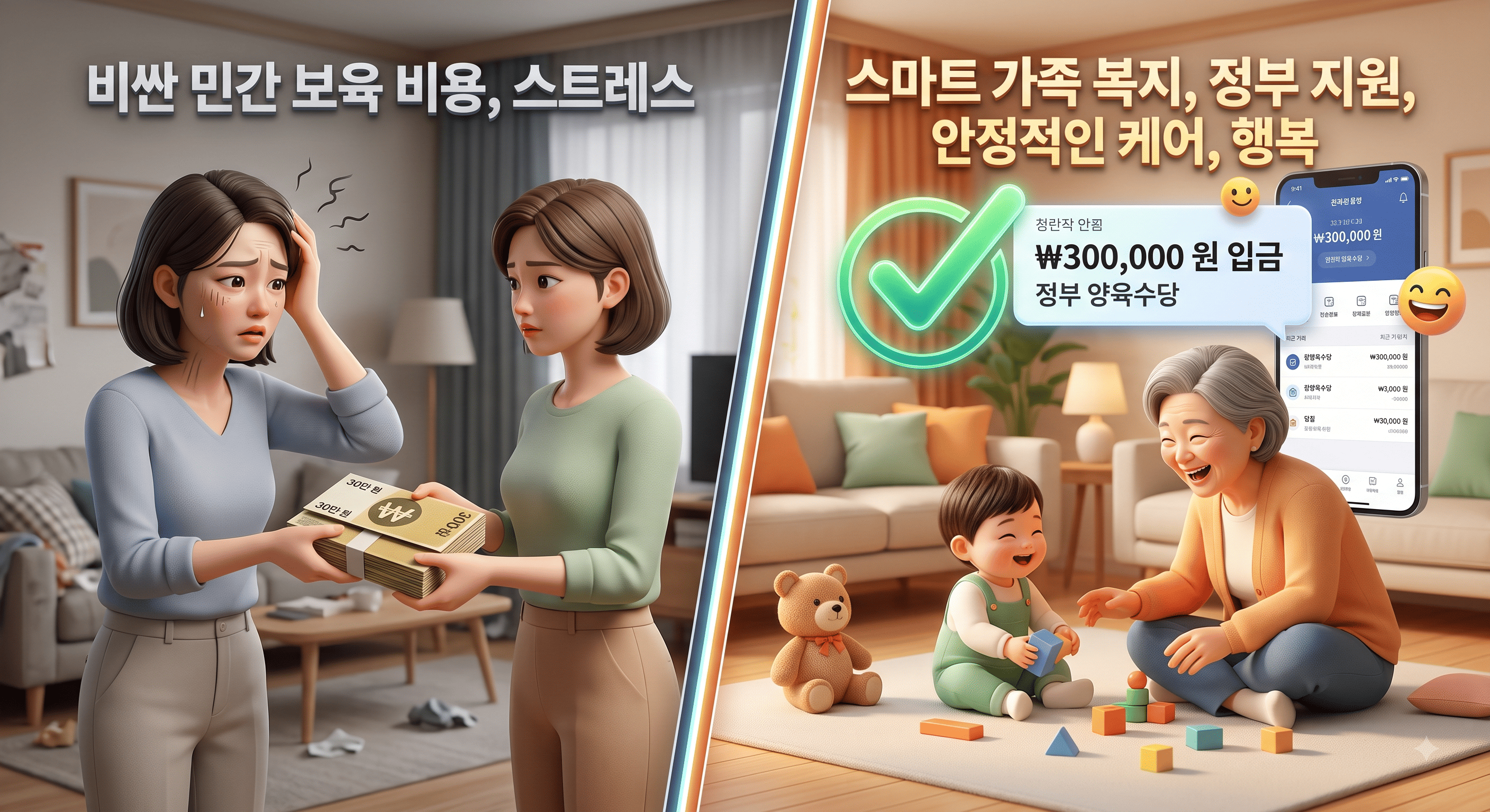 비싼 민간 베이비시터 비용 대신 조부모가 손주를 돌보고 국가로부터 월 30만 원의 돌봄수당을 받는 개념 비교