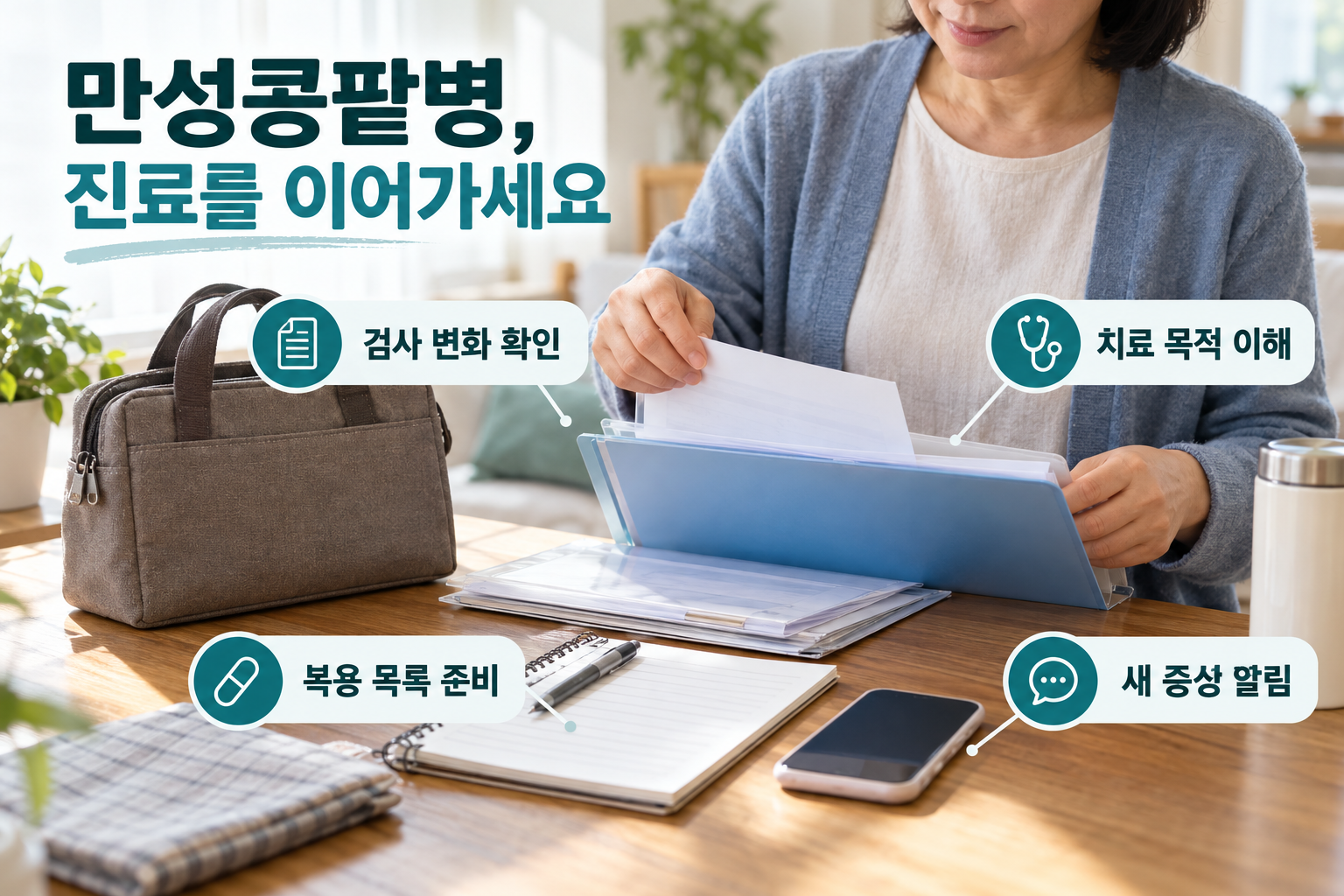 진료 자료를 가방에 준비하며 검사 변화&middot;치료 목적&middot;복용 목록&middot;새 증상 알림을 확인하는 장면
