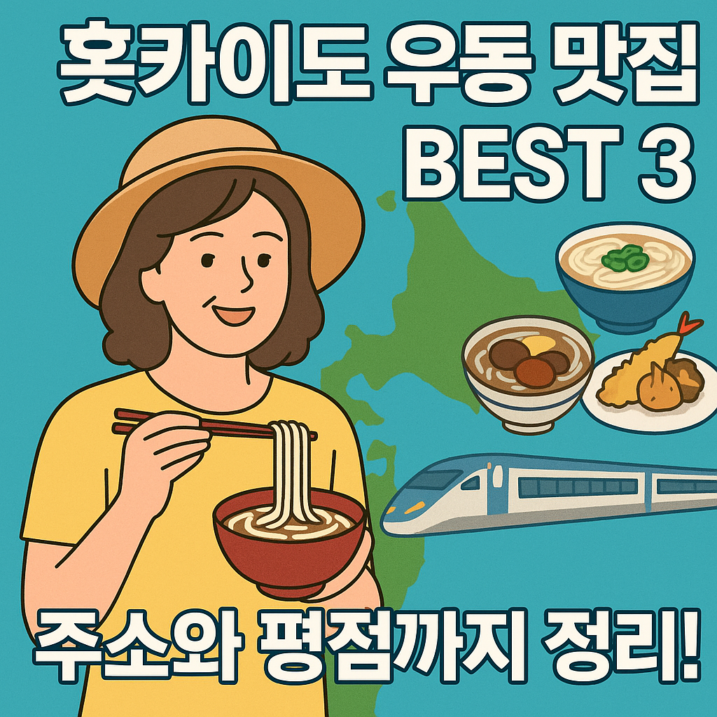 홋카이도 지도를 배경으로 우동을 들고 있는 여성과 다양한 우동 요리가 함께 등장하며, '홋카이도 우동 맛집 BEST 3', '주소와 평점까지 정리!'