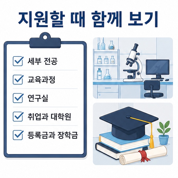 생명공학 계열 대학을 선택할 때 세부 전공과 교육과정, 연구실, 취업과 대학원 진학, 등록금과 장학금을 함께 비교하는 이미지