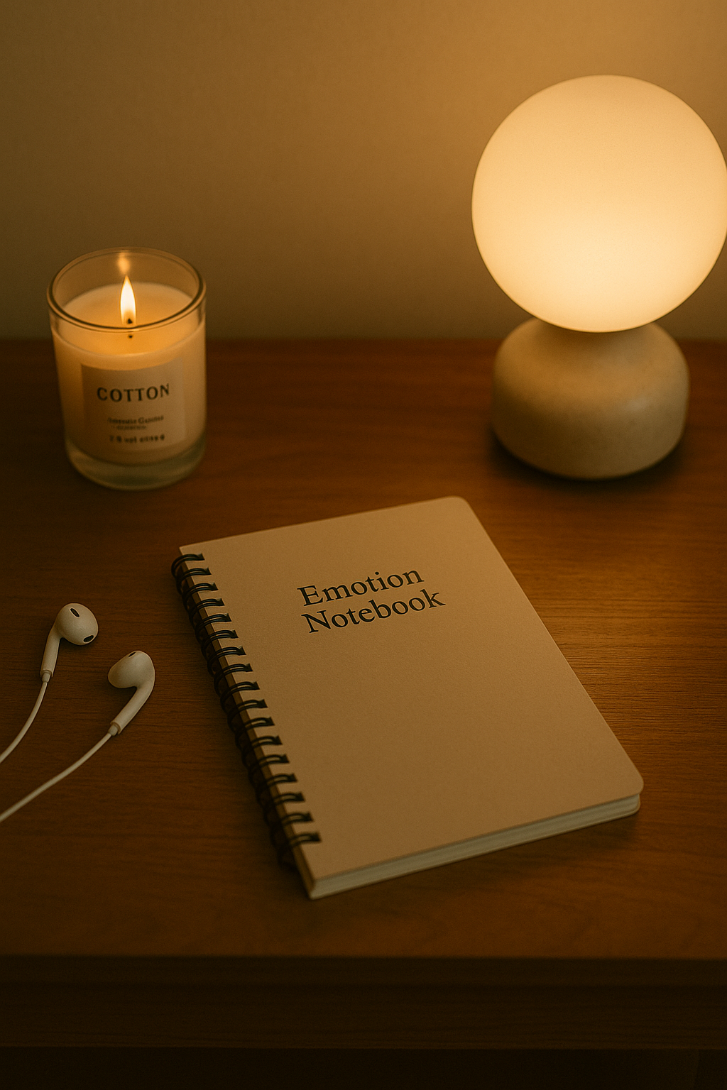 루틴 공간에 놓인 감정노트, 향초, 이어폰과 무드등이 있는 조용한 책상 이미지
감정 노트, 향초, 이어폰, 무드등이 놓인 책상