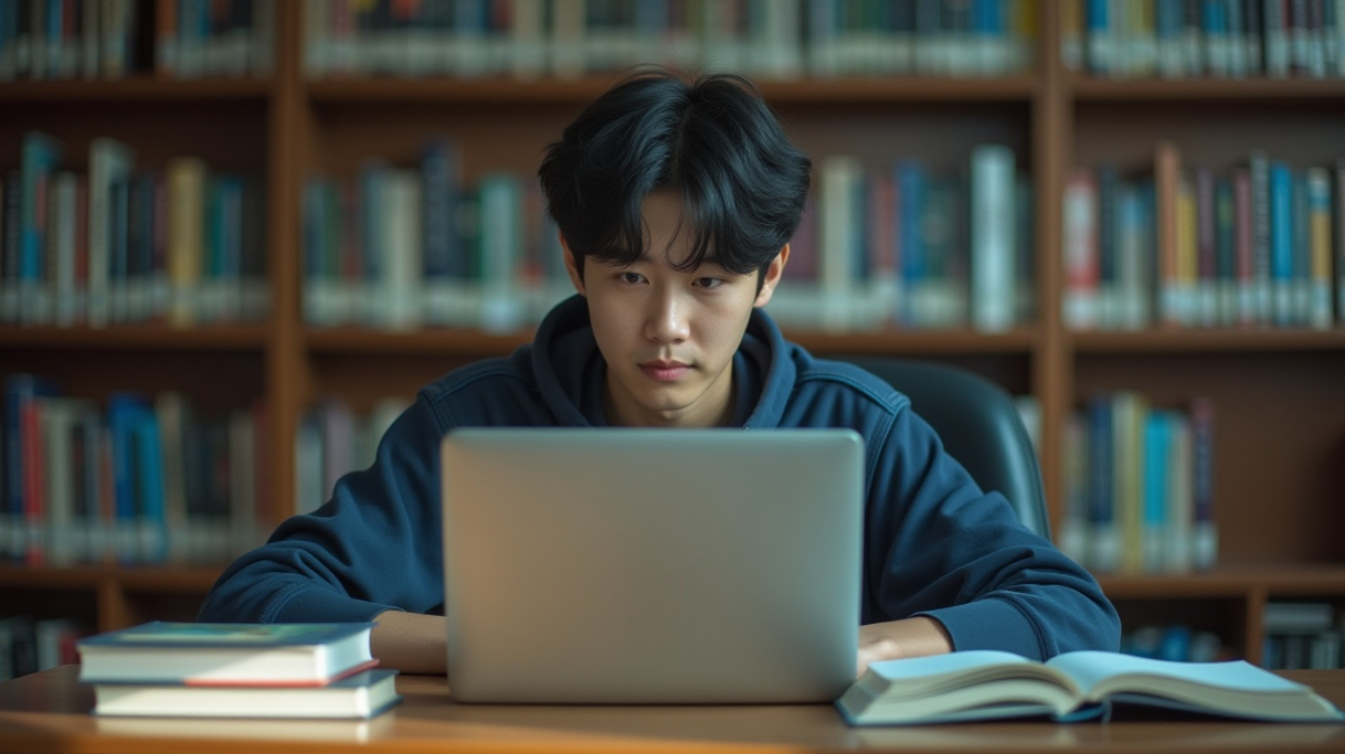 도서관에 앉아 대학정보를 열심히 찾는 학생