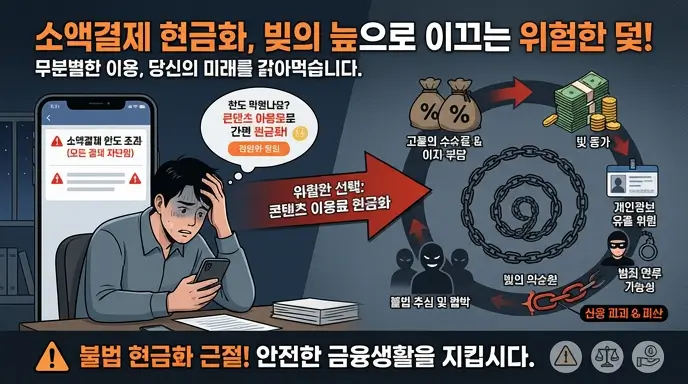 일반 소액결제 한도가 막혔을 때 우회로로 이용하는 콘텐츠 이용료 현금화의 위험성과 빚의 악순환을 경고하는 이미지
