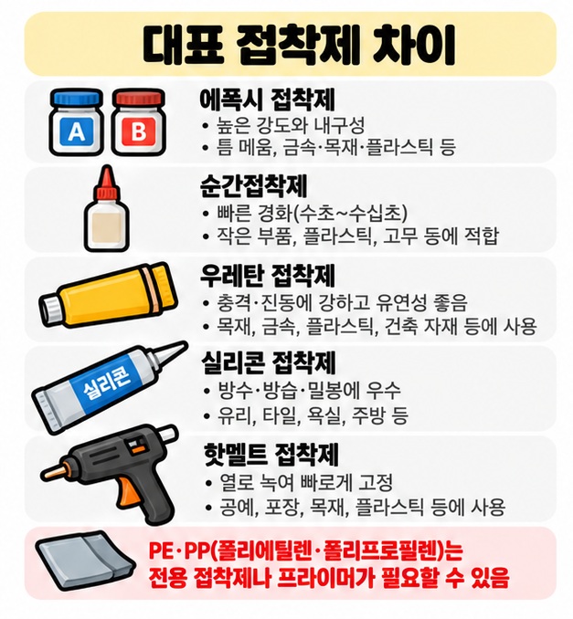에폭시 순간접착제 우레탄 실리콘 핫멜트의 특징과 잘 맞는 사용 상황을 비교해 보여주는 카드