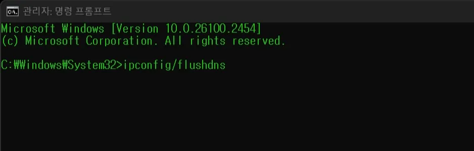 명령 프롬프트에서 DNS 캐시 초기화를 실행하는 화면