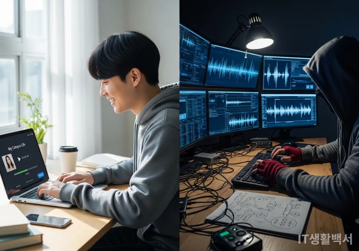 SNS 영상을 통해 목소리 데이터를 수집하는 해커와 피해자의 대비 모습