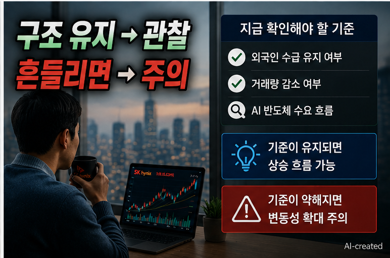 SK하이닉스 주가 전망 판단을 위해 거래량과 외국인 수급을 확인하는 흐름 이미지