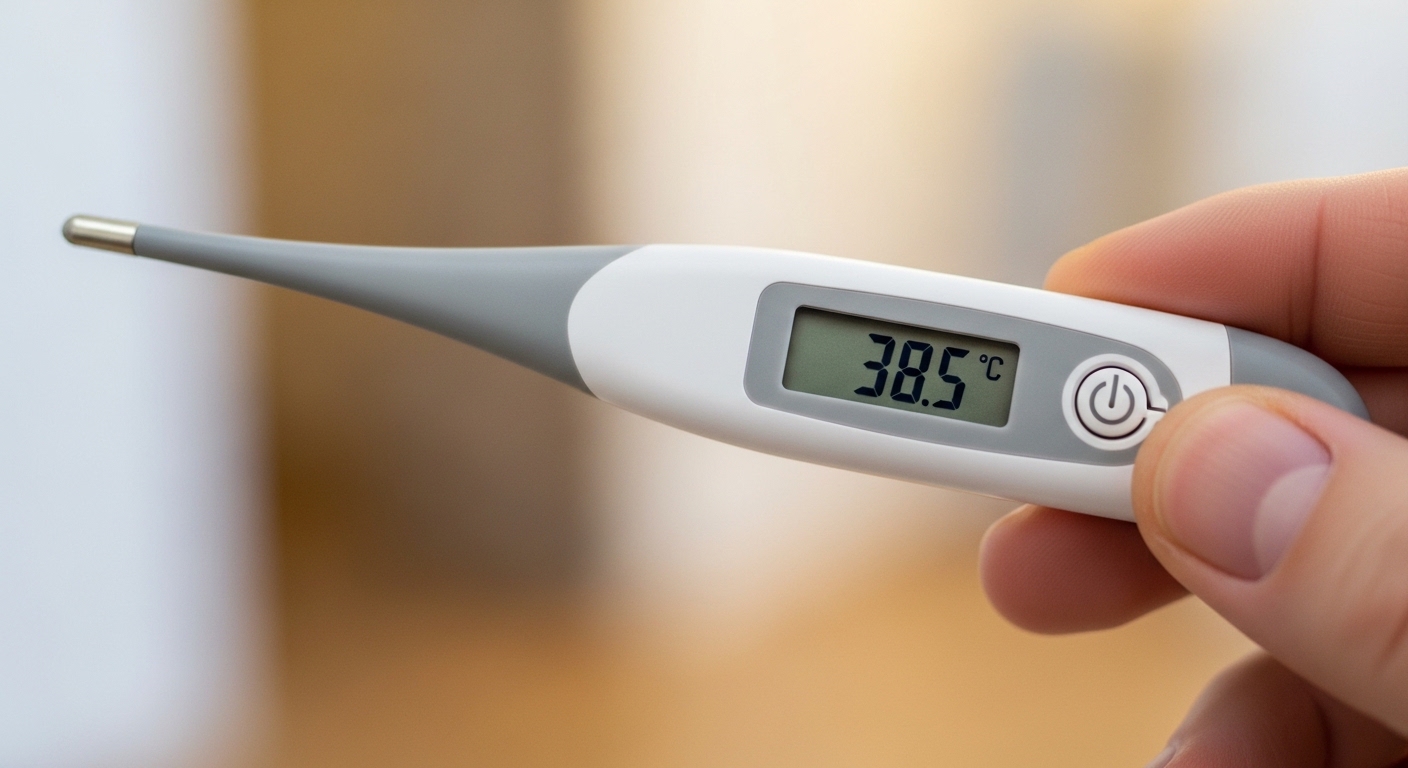 38도 이상 고열을 보여주는 체온계 클로즈업 이미지