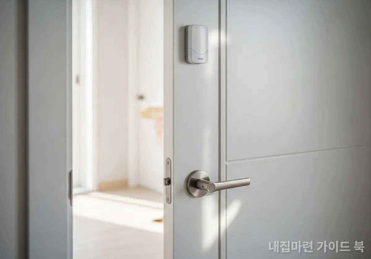 한국 아파트 현관문에 부착된 화이트 색상의 도어 경보기 센서