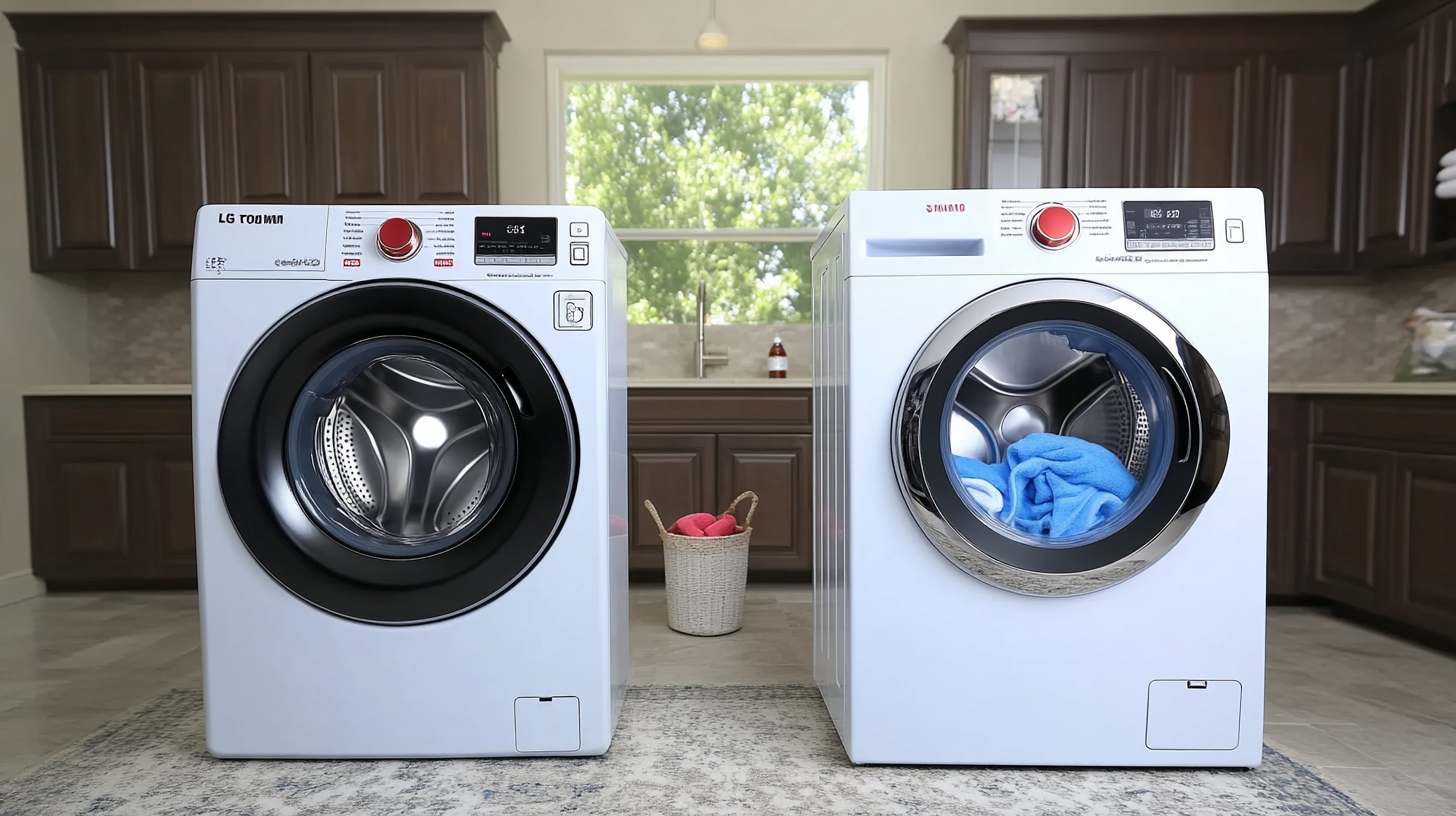 스타일리시한 세탁실에서 LG 트롬과 삼성 고급 세탁기의 디자인 차이를 비교 보여주는 이미지로, 각 브랜드의 개성 있는 디자인을 강조합니다.