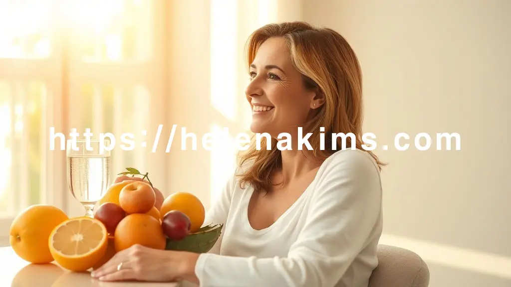 따뜻한 햇살이 비치는 밝고 깨끗한 공간. 중앙에는 편안하게 미소 짓는 여성의 옆모습이 건강하게 보입니다.