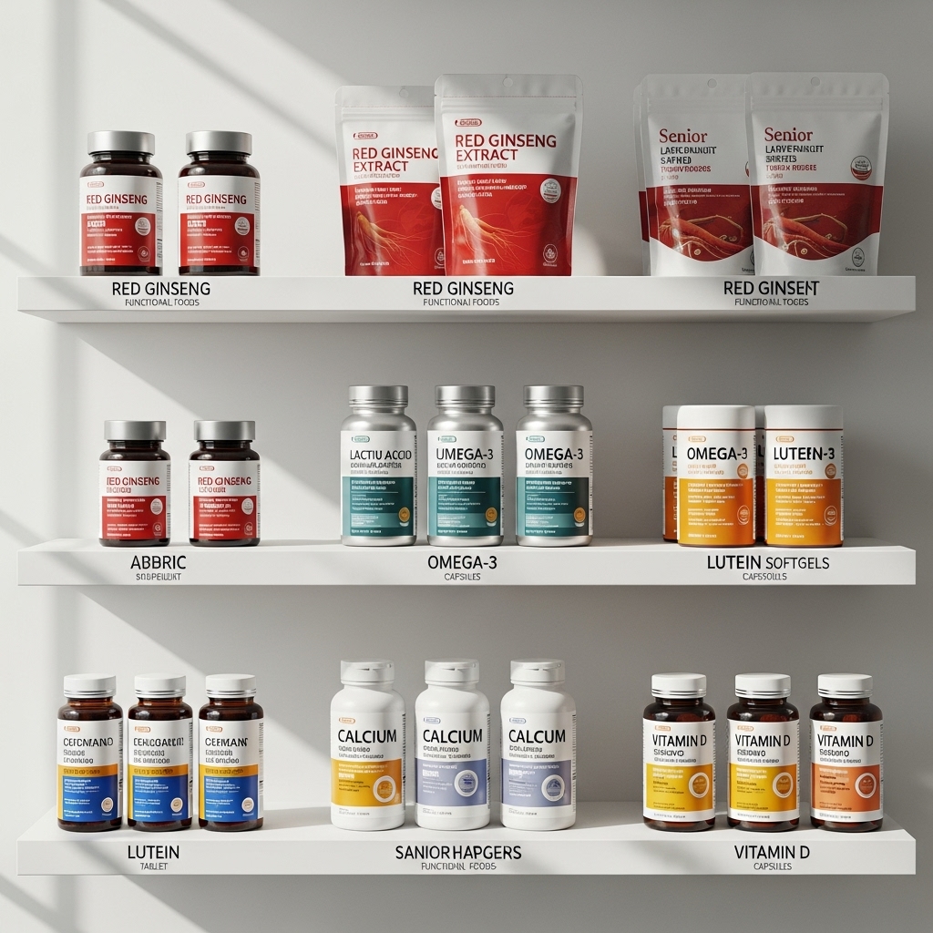 홍삼, 유산균, 오메가3, 루테인, 칼슘+비타민D 등 시니어 건강기능식품들이 정갈하게 놓여있는 모습.