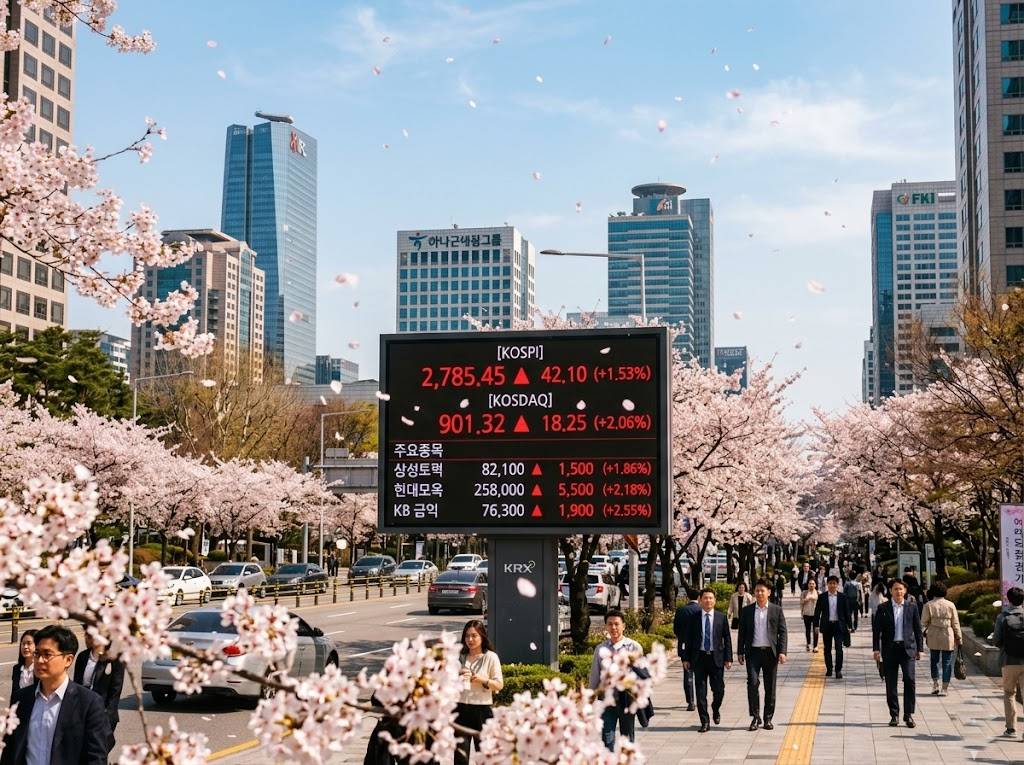 따스한 봄 햇살이 내리쬐는 여의도 증권가 전경, 벚꽃이 흩날리는 가운데 주가 전광판의 빨간색 상승 화살표들이 선명하게 보이는 실사 사진