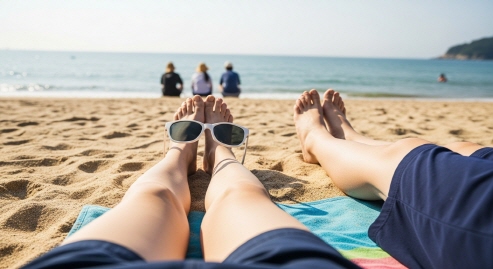 해변 모래사장에서 앉아 있는 사람의 다리와 발