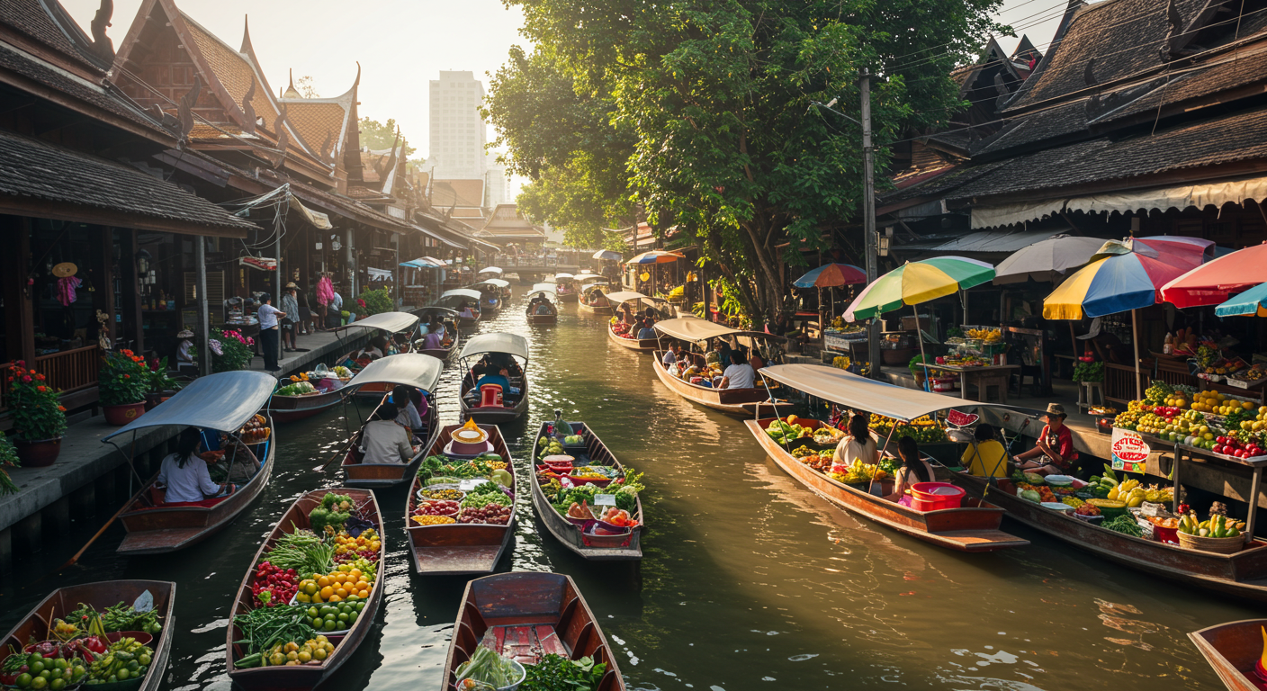 형형색색의 과일과 채소를 가득 실은 작은 배들이 오가는 방콕의 아침 수상시장 전경