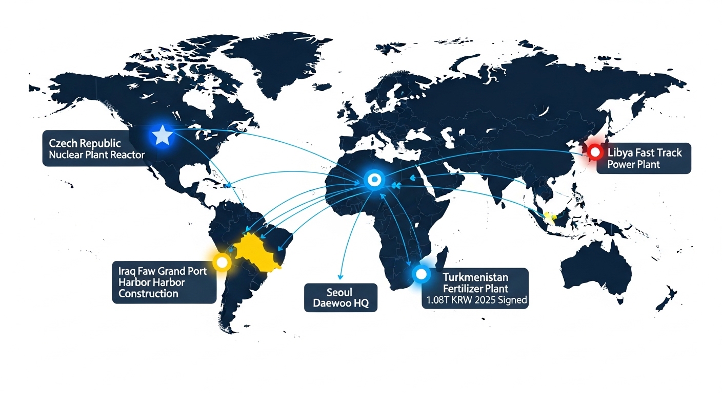 Daewoo Construction overseas project pipeline world map dark navy. Four glowing nodes Czech Republic nuclear plant reactor blue star pipeline label, Iraq Faw Grand Port harbor construction yellow active, Turkmenistan fertilizer plant orange 1.08T KRW 2025 signed, Libya fast track power plant red Africa. Arrow lines connecting all to Korea Daewoo HQ. English labels only.