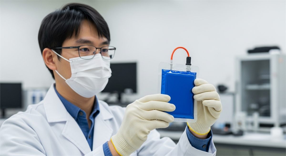 극재 음극재 고체전해질 샘플을 투명 용기에 담아 비교한 장면 