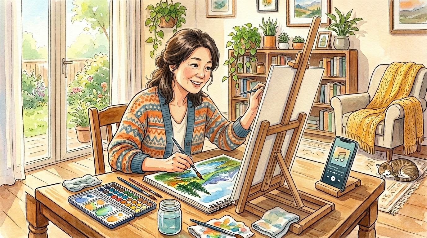 휴대폰으로 합법적인 유튜브 광고 없이 노래를 들으면서 그림을 그리고 있는 모슴.