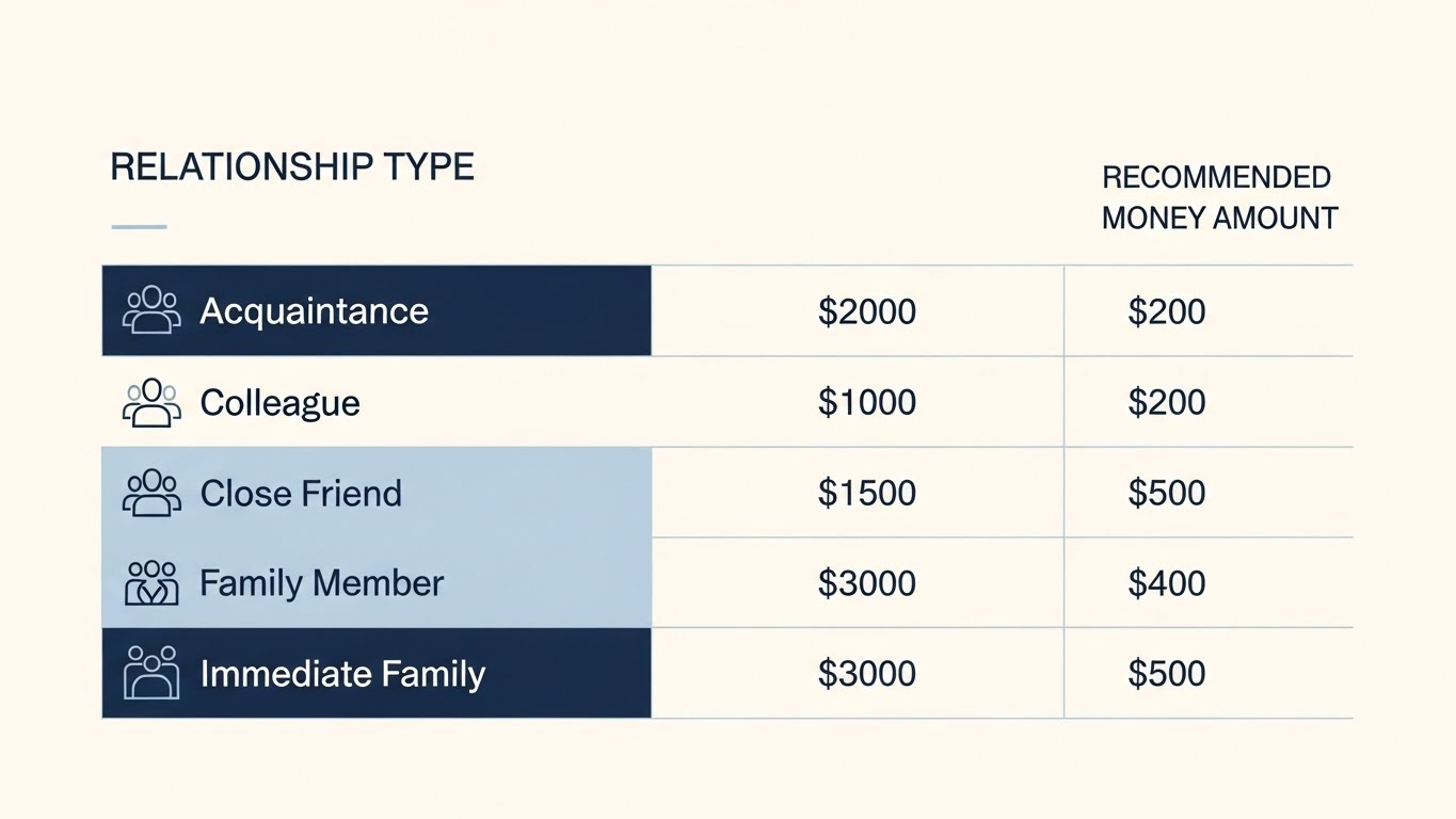 관계별 적정 축의금 액수를 보여주는 깔끔한 인포그래픽, 결혼식 불참 시 참고.