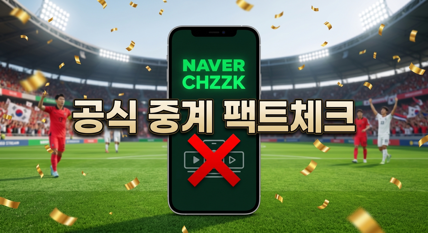 푸른 축구장 위 스마트폰 화면에 네이버 치지직 로고가 빛나고 있고, 타 스트리밍 아이콘 위에는 붉은색 X 표시가 그어져 이용 불가를 명확히 나타내는 가운데 금빛 꽃가루가 흩날리는 3D 일러스트 배경에, 짙은 그림자와 외곽선으로 선명하게 강조된 '공식 중계 팩트체크'라는 한글 문구가 중앙에 적힌 이미지