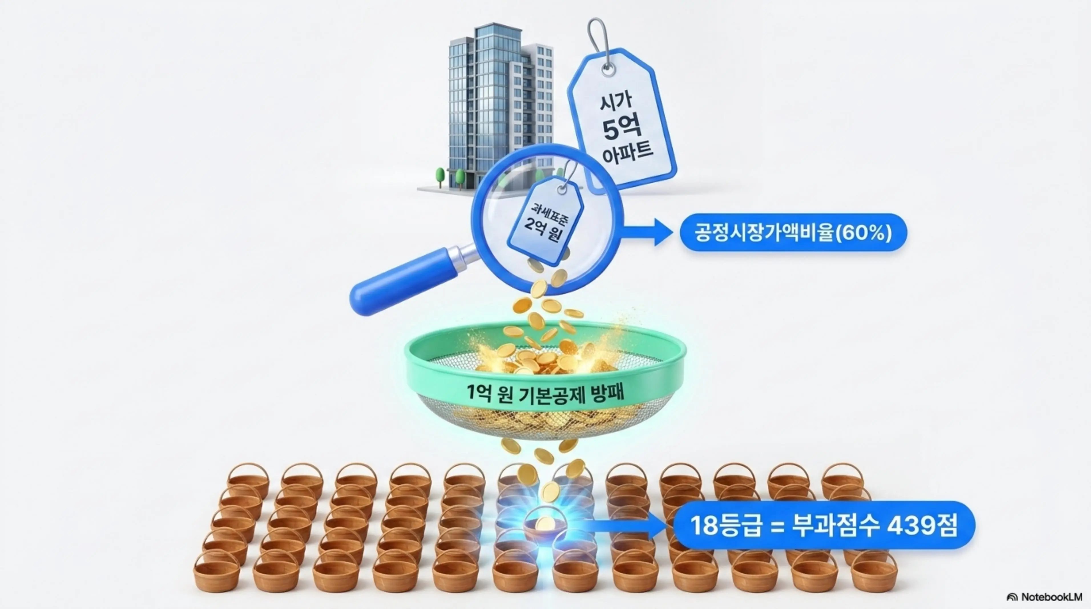 지역가입자 건강보험료: 지역가입자 재산 부과점수 60등급 체계와 기본공제 구조를 설명하는 인포그래픽. 시가 5억 원 아파트의 과세표준 2억 원에서 기본공제 1억 원을 차감한 후 18등급 부과점수 439점이 산출되는 과정을 시각적으로 설명함