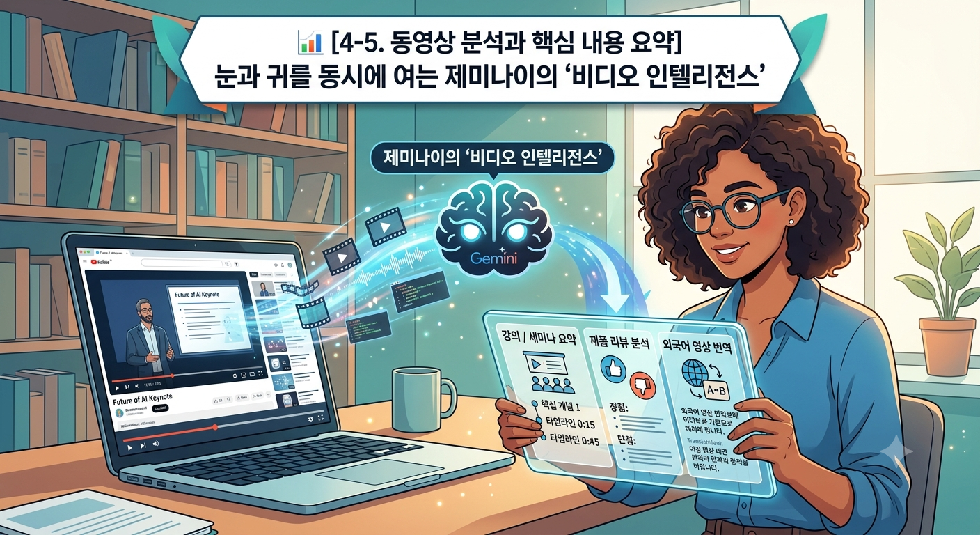 눈과 귀를 동시에 여는 제미나이의 '비디오 인텔리전스'를 표현한 이미지. 안경을 낀 여성이 노트북으로 'AI의 미래'에 대한 기조연설 영상을 시청하고 있습니다. 영상의 프레임과 오디오 파형이 제미나이 엔진으로 빨려 들어가며, 여성이 들고 있는 투명한 홀로그램 패널에는 타임라인별 강의 요약, 제품 리뷰의 장단점 분석, 외국어 영상의 번역 결과가 깔끔한 텍스트로 정리되어 나타납니다.
